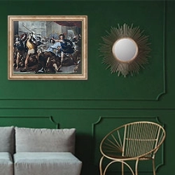 «Персей, превращающий Финея и его последователей в камень» в интерьере классической гостиной с зеленой стеной над диваном
