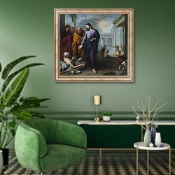 «Христос, вылечивающий парализованного» в интерьере гостиной в зеленых тонах