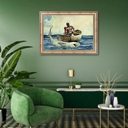 «Shark Fishing, 1885» в интерьере гостиной в зеленых тонах