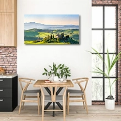 «Красивый пейзаж в Тоскане, Италия» в интерьере кухни с кирпичными стенами над столом
