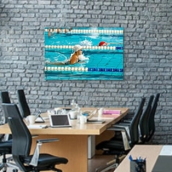 «Плавание 3» в интерьере современного офиса с черной кирпичной стеной