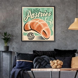 «Горячая выпечка, ретро плакат» в интерьере гостиной в стиле лофт в серых тонах