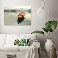 «Одинокая лодка на водной поверхности озера Блед, Словения» в интерьере светлой гостиной в скандинавском стиле над диваном
