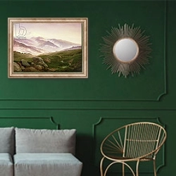 «Reisenberg, The Mountains of the Giants, 1839» в интерьере классической гостиной с зеленой стеной над диваном