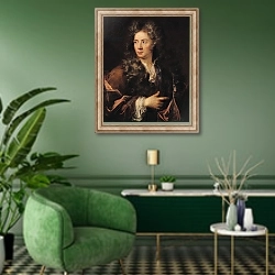 «Portrait of Gerard Audran» в интерьере гостиной в зеленых тонах