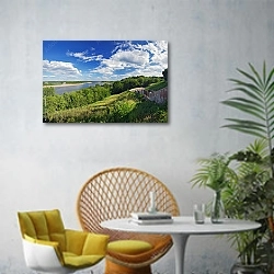 «Россия. Вид на реку Вятка» в интерьере современной гостиной с желтым креслом