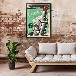 «Ретро плакат с водкой» в интерьере гостиной в стиле лофт над диваном