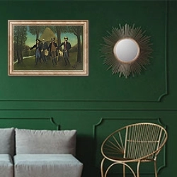 «Ла Барр и другие музыканты» в интерьере классической гостиной с зеленой стеной над диваном