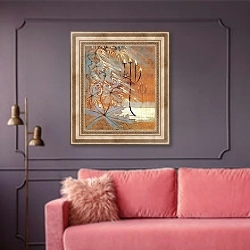«Зима (V)» в интерьере гостиной с розовым диваном
