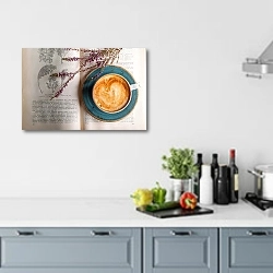 «Чашка кофе и книга о ботанике» в интерьере кухни в голубых тонах