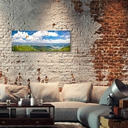 «Непал. Горная панорама с параглайдерами» в интерьере гостиной в стиле лофт с кирпичными стенами