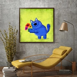«Синий пушистый кот с тремя цветами» в интерьере в стиле лофт с желтым креслом