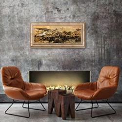 «Панорамный пейзаж с всадниками» в интерьере современной гостиной в стиле лофт над камином