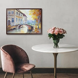«Мостик через реку на старой Европейской улице» в интерьере в классическом стиле над креслом