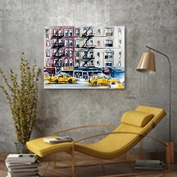 «Улица делового Нью-Йорка» в интерьере в стиле лофт с желтым креслом