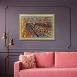 «Bahndamm im Schnee» в интерьере гостиной с розовым диваном