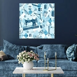 «Инструменты швейной мастерской» в интерьере современной гостиной в синем цвете