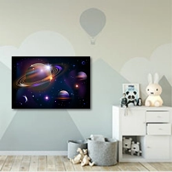 «Планеты в космическом пространстве» в интерьере детской комнаты для мальчика с росписью на стенах