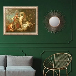 «Achilles leaving to avenge the death of Patroclus» в интерьере классической гостиной с зеленой стеной над диваном