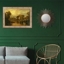 «Eton College from the River, or The Thames at Eton, c.1808» в интерьере классической гостиной с зеленой стеной над диваном
