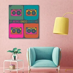 «Ретро-диско-вечеринка в стиле поп-арт» в интерьере комнаты в стиле поп-арт с розовыми стенами