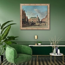 «View of the Grote Markt in Haarlem» в интерьере гостиной в зеленых тонах