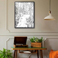«Париж в Ч/Б рисунках #13» в интерьере комнаты в стиле ретро с проигрывателем виниловых пластинок