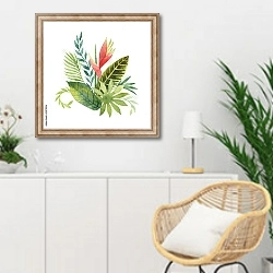 «Акварельный букет тропических листьев и цветов 1» в интерьере гостиной в скандинавском стиле над комодом
