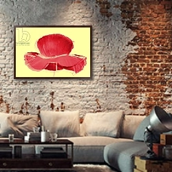 «red tulip,2019,» в интерьере гостиной в стиле лофт с кирпичной стеной
