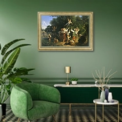 «Сбор вишни в помещичьем саду. 1858» в интерьере гостиной в зеленых тонах