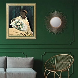 «Olympia, 1863 2» в интерьере классической гостиной с зеленой стеной над диваном