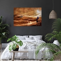 «Корабль в пустыне» в интерьере современной спальни с черными стенами