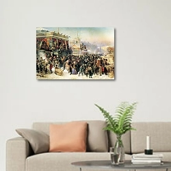 «Народное гулянье во время Масленицы на Адмиралтейской площади в Петербурге. 1869» в интерьере современной светлой гостиной над диваном