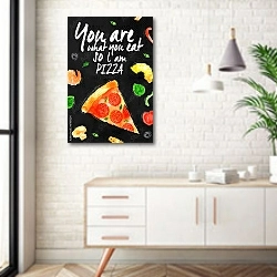 «You are what you eat so l am pizza» в интерьере комнаты в скандинавском стиле над тумбой