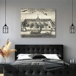 «Вид Адмиралтейской верфи в Санкт-Петербурге» в интерьере современной спальни с черной кроватью