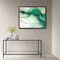 «Abstract green with gold ink art 7» в интерьере в стиле минимализм над столом