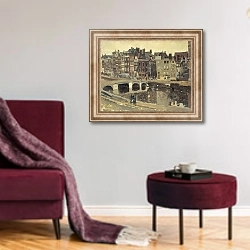 «Het Rokin te Amsterdam» в интерьере гостиной в бордовых тонах