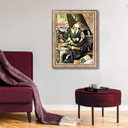 «Alchemist and his assistant» в интерьере гостиной в бордовых тонах