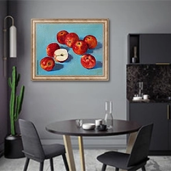 «Красные яблоки на синем столе» в интерьере современной кухни в серых цветах