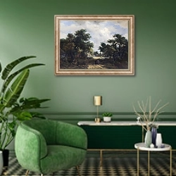 «виляющая дорога у домов» в интерьере гостиной в зеленых тонах