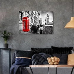 «Англия, Лондон. Телефонная будка на людной улице» в интерьере гостиной в стиле лофт в серых тонах