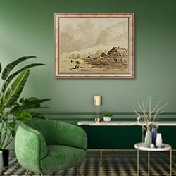 «Вид на Мейринген в Швейцарии» в интерьере гостиной в зеленых тонах