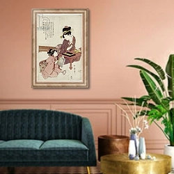 «A young woman seated at a desk, writing, a girl with a book looks on» в интерьере классической гостиной над диваном
