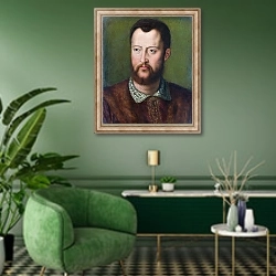 «Портрет Козимо де Медици, герцога Тосканского» в интерьере гостиной в зеленых тонах