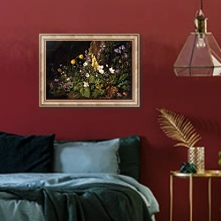 «Дикие цветы и грибы» в интерьере спальни с акцентной стеной