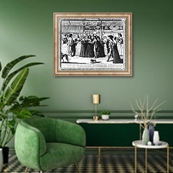 «The Palace Gallery, engraved by Le Blond» в интерьере гостиной в зеленых тонах