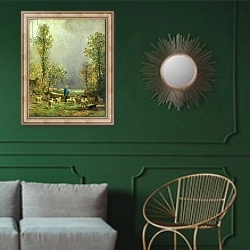 «Sheep watching a Storm» в интерьере классической гостиной с зеленой стеной над диваном