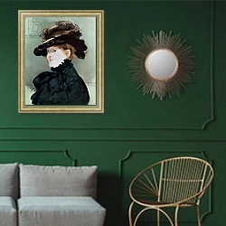 «Portrait of Mery Laurent 1882» в интерьере классической гостиной с зеленой стеной над диваном