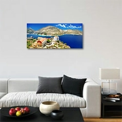 «Греция. Остров Кастелоризо» в интерьере минималистичной гостиной над диваном