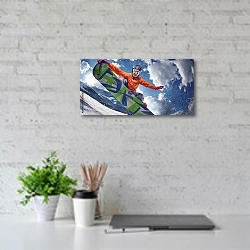 «Сноубордист под синим небом» в интерьере современного офиса с белой кирпичной стенкой